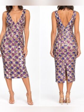 L'ATISTE Pink, Blue & Beige Sequin Midi Dress